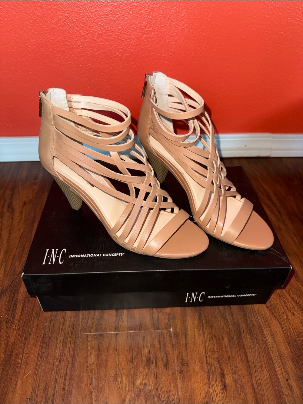INC International Concepts Nude Tan Strappy Block Heel Sandals